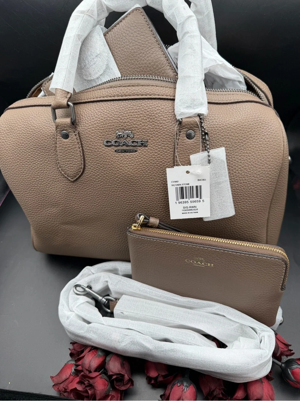 Coach Pebbled Leather Large Rowan Satchel Bag in Dark Stone / Taupe